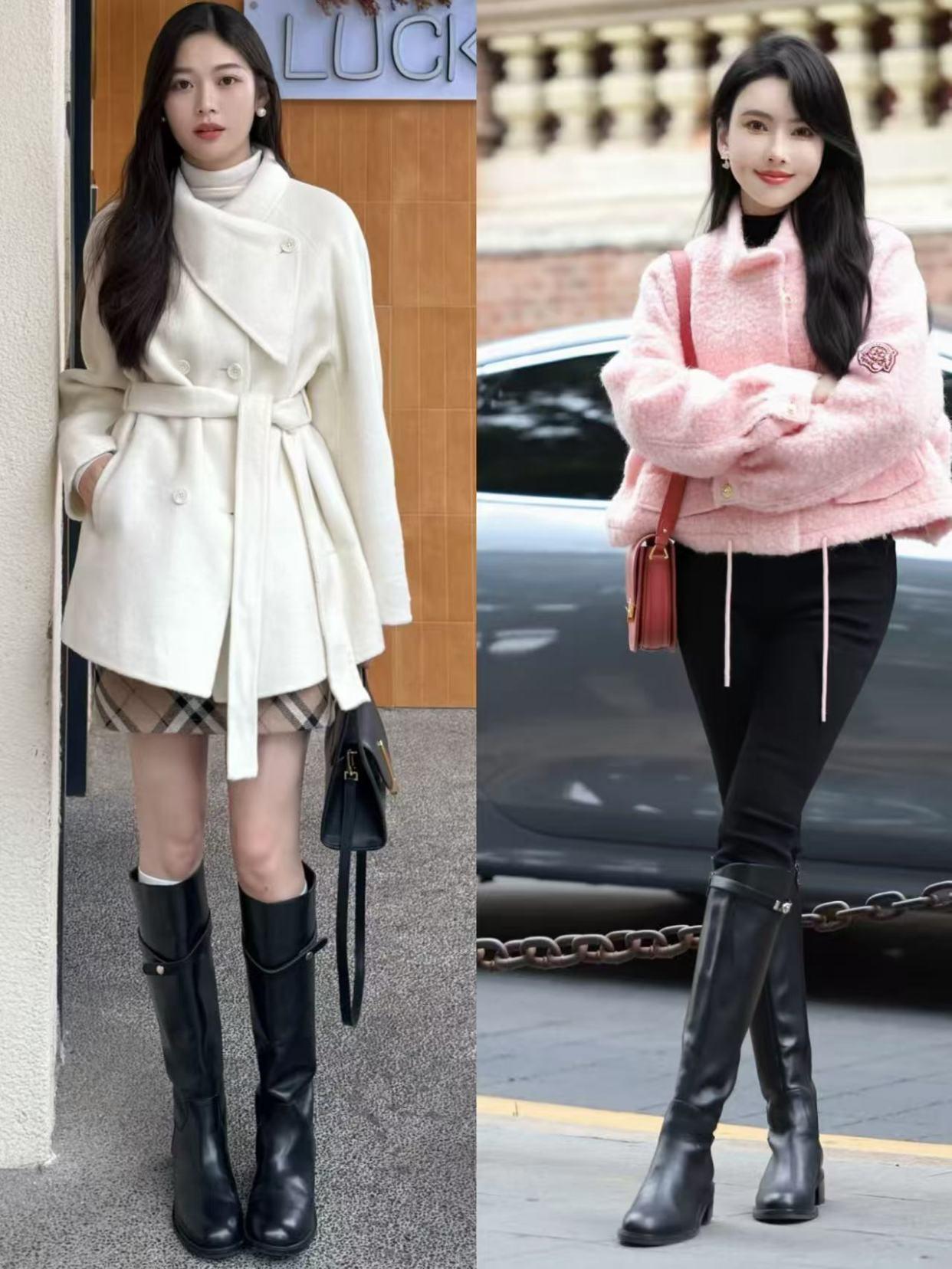 杨幂时尚搭配技巧_冬季穿搭短外套修身长裤长筒靴_长靴女明星
