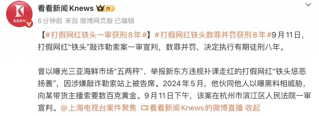 打假网红“铁头”敲诈勒索案一审宣判：判处有期徒刑8年；此前伙同他人以曝黑料相威胁，向某带货主播索要数百克黄金
